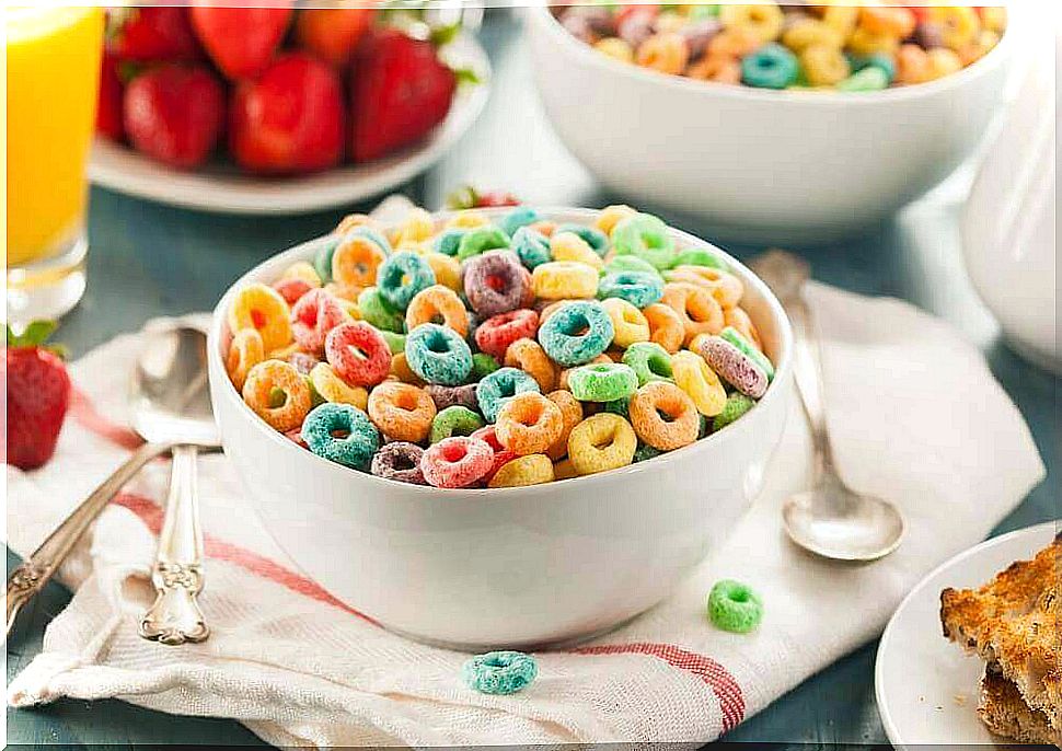 Unhealthy breakfast: colorful cereals.